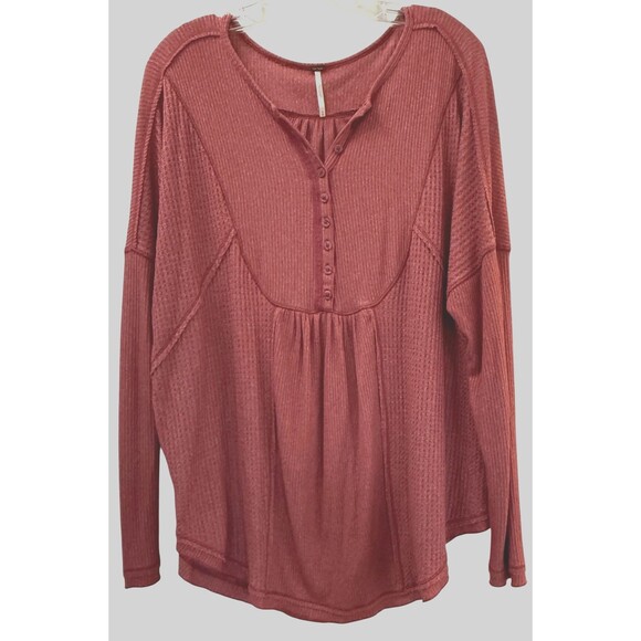 Free People Leo Henley Thermal Waffle Knit Tunic Top Size Medium Wild Rose - Picture 1 of 9